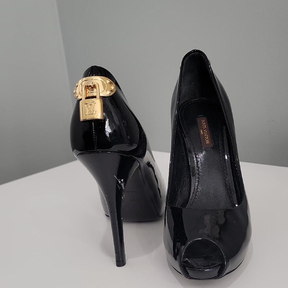 Louis Vuitton Black Patent Leather Heels with Gold Buckle